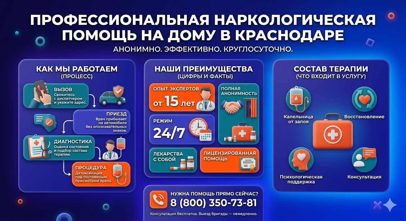 Инфографика о принципах лечения алкоголизма на дому в Бронницах: этапы вызова нарколога, преимущества анонимной детоксикации и состав медицинской помощи.